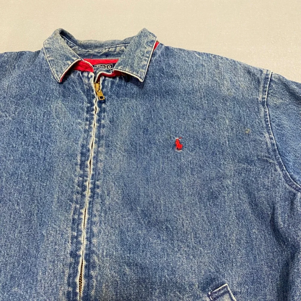 Vtg Polo Ralph Lauren Denim Jacket Mens Medium Blue Harrington Bomber Red Lining